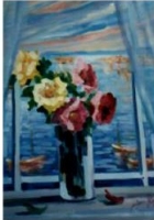 �leo sobre tela-O vaso de rosas na janela em Nice-0,40 cm x 0,60 cm 